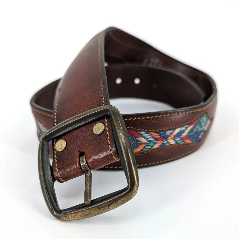 Vintage Leather Belt Lattigo Geometric Colorful Embroidered Inlay Brass 30
